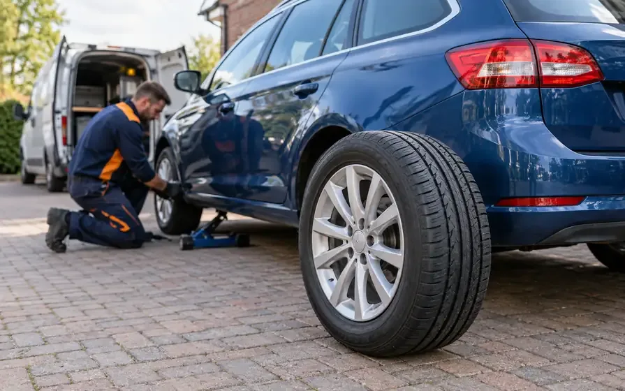 Fresh tyre and alloy wheel beside a blue family estate car